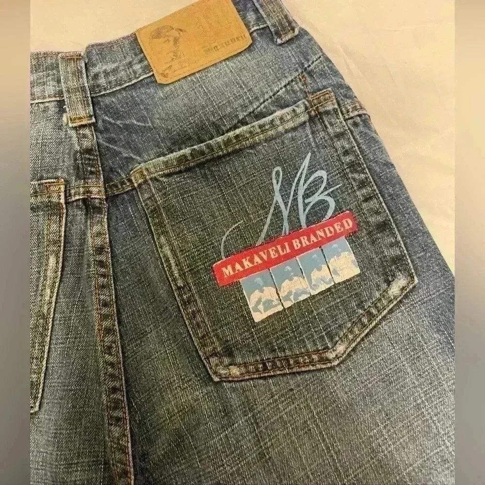 VTG MAKAVELI Brand Tupac Denim Jeans Rap Portrait Logo 90s 2Pac Size 14 wide leg - Picture 12 of 16